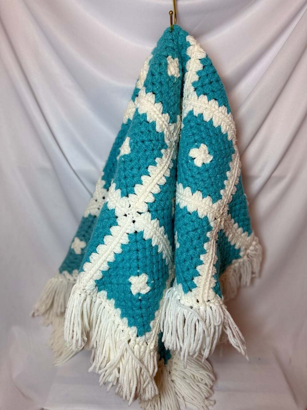 Vintage Handmade Turquoise and White Granny Square Crochet Afghan Blanket with F
